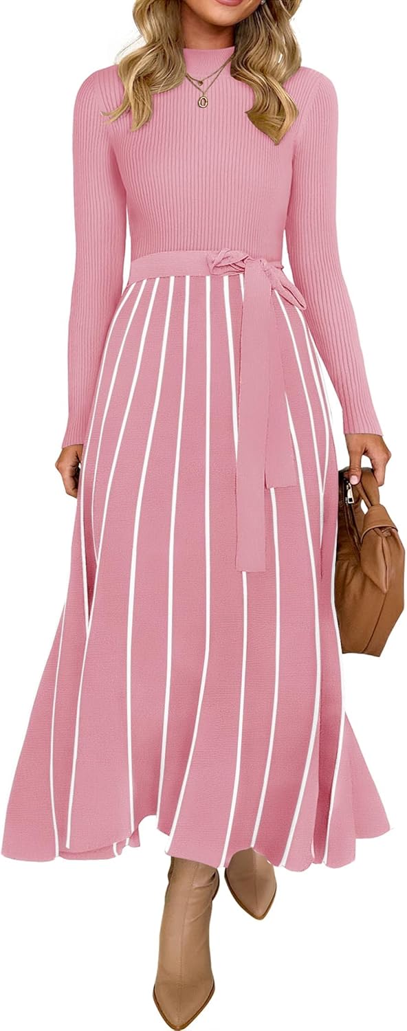 ZESICA Womens 2025 Fall Turtleneck Long Sleeve Sweater Dress Tie Waist Casual Loose Ribbed Knit A Line Midi Dresses
