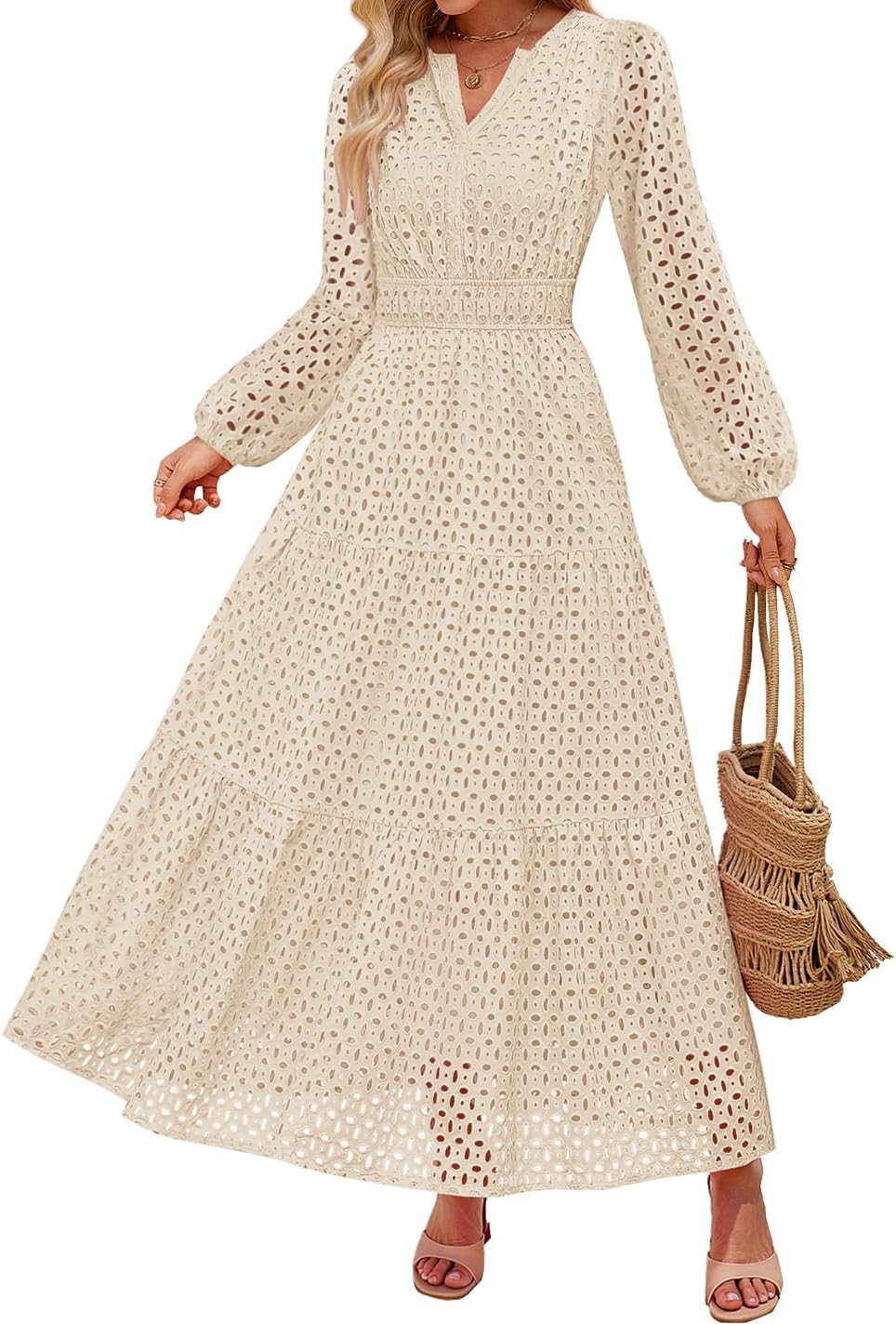 ZESICA Women's 2025 Fall Long Sleeve Maxi Dress V Neck Hollow Out Eyelet A Line Long Flowy Casual Party Dresses