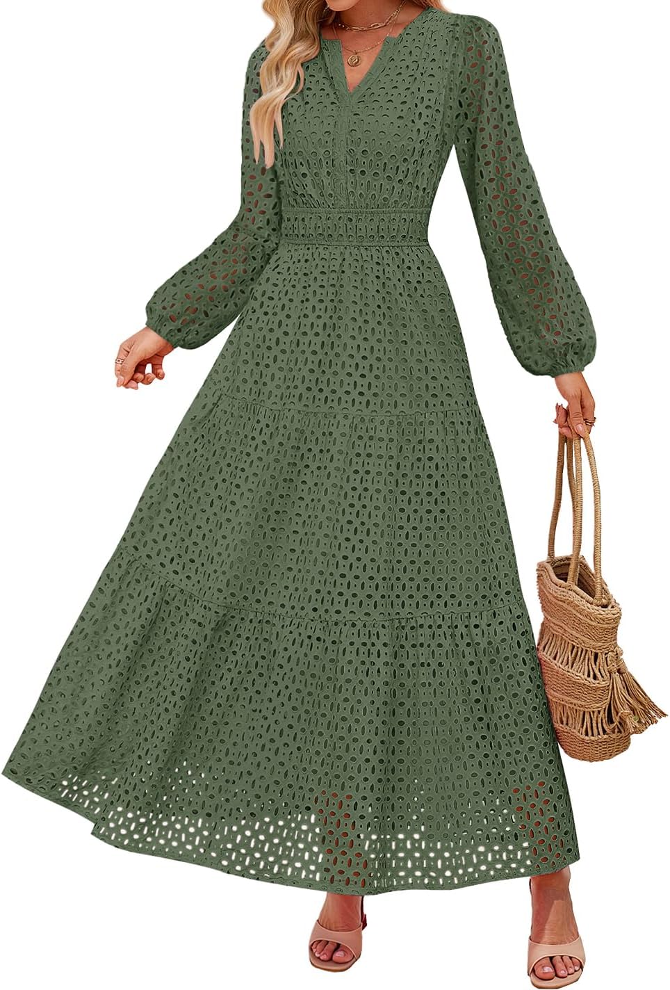 ZESICA Women's 2025 Fall Long Sleeve Maxi Dress V Neck Hollow Out Eyelet A Line Long Flowy Casual Party Dresses