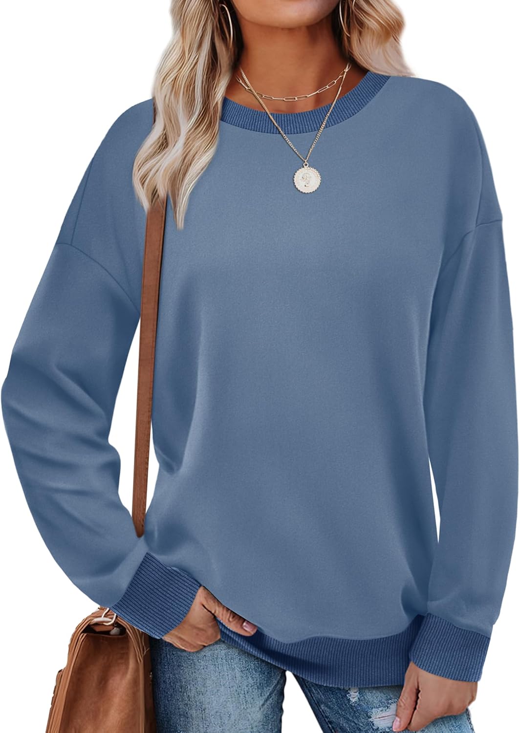Saloogoe Sweatshirts for Women Crewneck Long Sleeve Loose Fit Tops Color Block Ribbed Trim Fashion 2025
