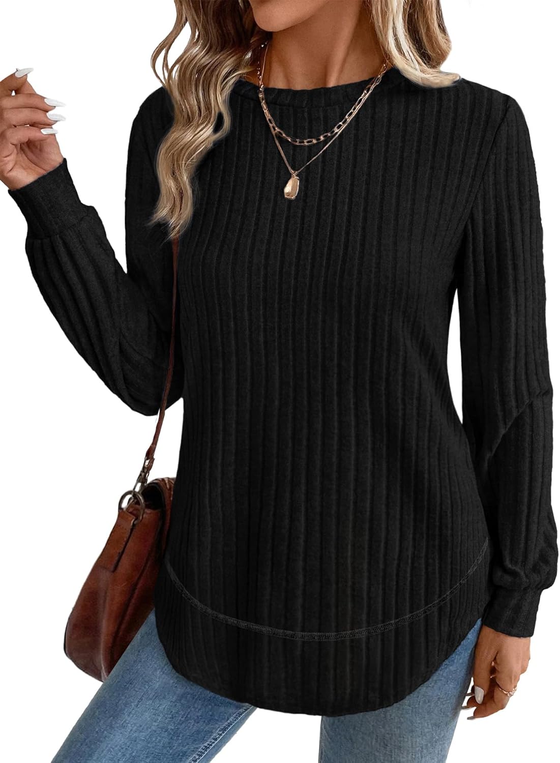 OFEEFAN Tunic Tops for Women Loose Fit Dressy Long Sleeve Shirts Womens Sweaters Crew Neck Fall Clothing with Curved Hem