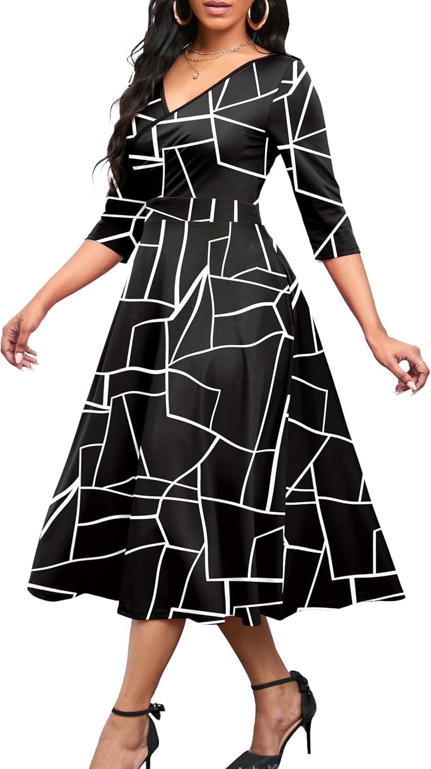 Nmoder Women's Casual Wrap Flared Midi Dress Wedding Guest Cocktail Tea Dresses A-Line Swing V-Neck 3/4 Sleeve