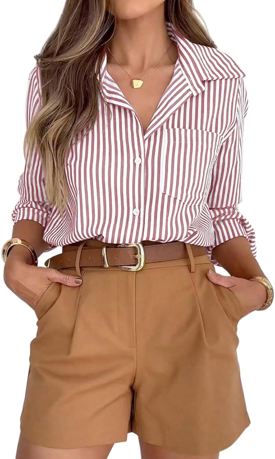 siliteelon Striped Button Down Shirts for Women Dress Shirts Long Sleeve Casual Collared Office Work Shirt with Pocket