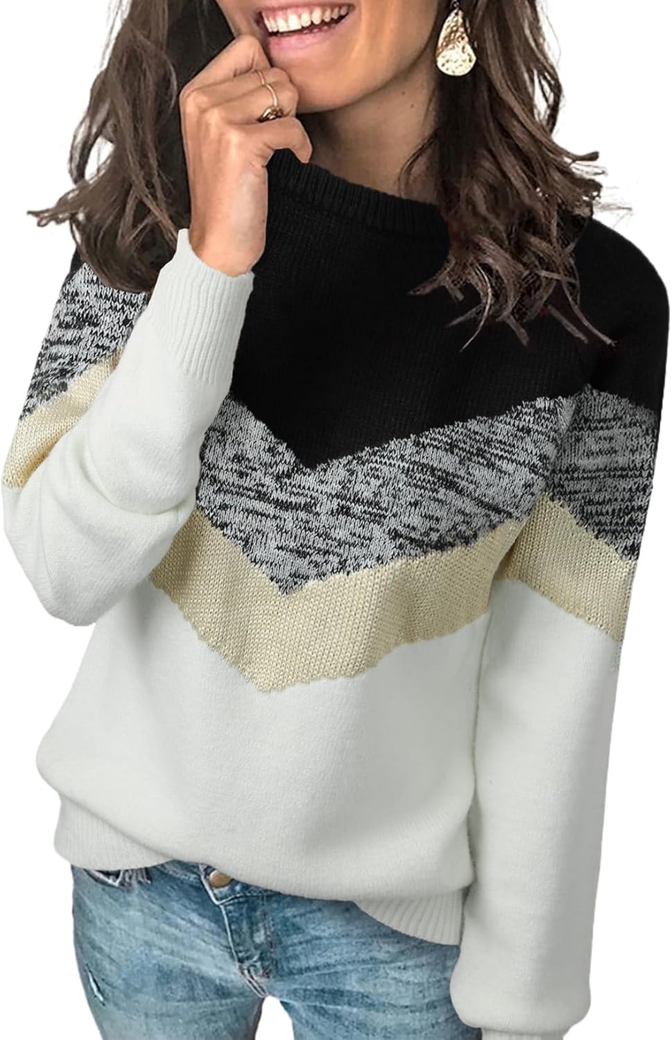 Dokotoo Womens Color Block Sweaters Long Sleeve Crewneck Pullover Knit Jumper Tops