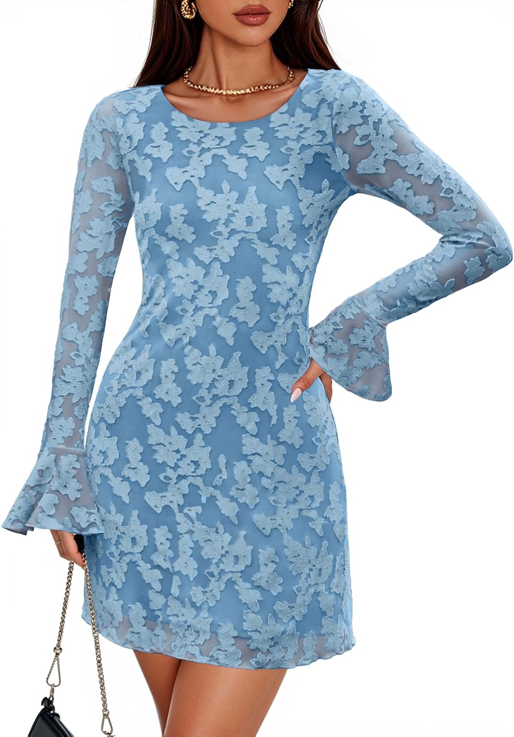 ZESICA Long Sleeve Mini Dresses for Women 2025 Floral Mesh Crewneck Bodycon Wedding Guests Cocktail Party Short Dress