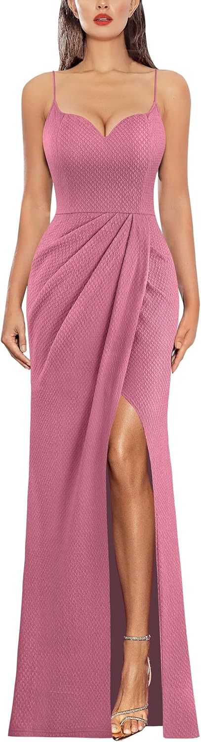 VFSHOW Womens Sexy Formal Ruched Fitted High Slit Bodycon Maxi Dress Spaghetti Strap Sweetheart Cocktail Prom Evening Gown
