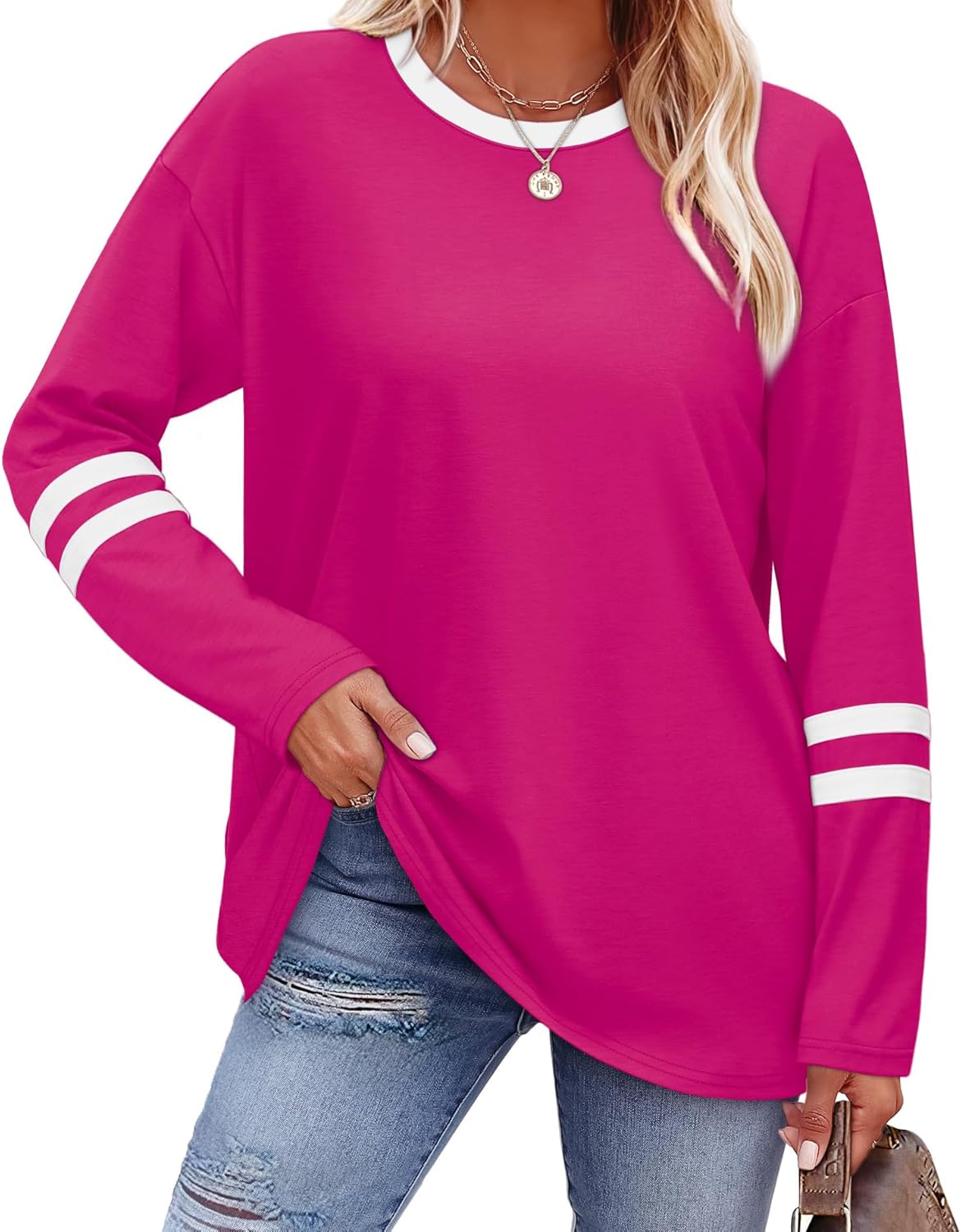 Sampeel Long Sleeve Shirts for Women Color Block Casual Tops Fall Outfits 2025 Basic Tees Trendy Clothes