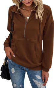 PRETTYGARDEN Women's Casual Long Sleeve Lapel Zipper Sweatshirt Drawstring Loose Pullover Tops