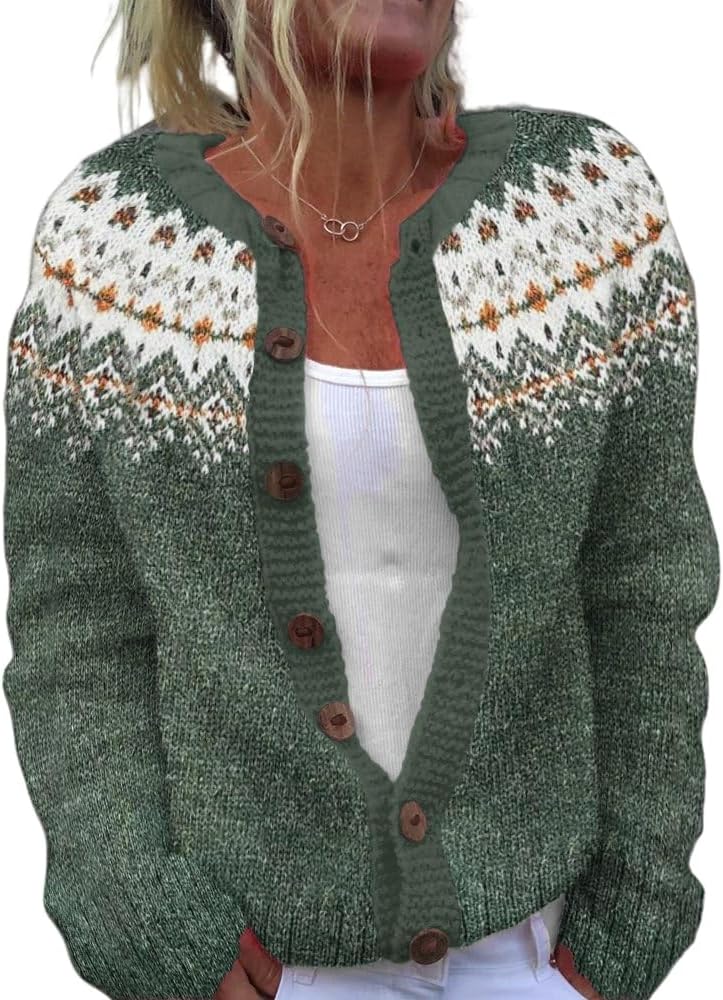 Women's Funny Fall Winter Animal Floral Christmas Tree Long Sleeve Button Knit Cardigan Sweater