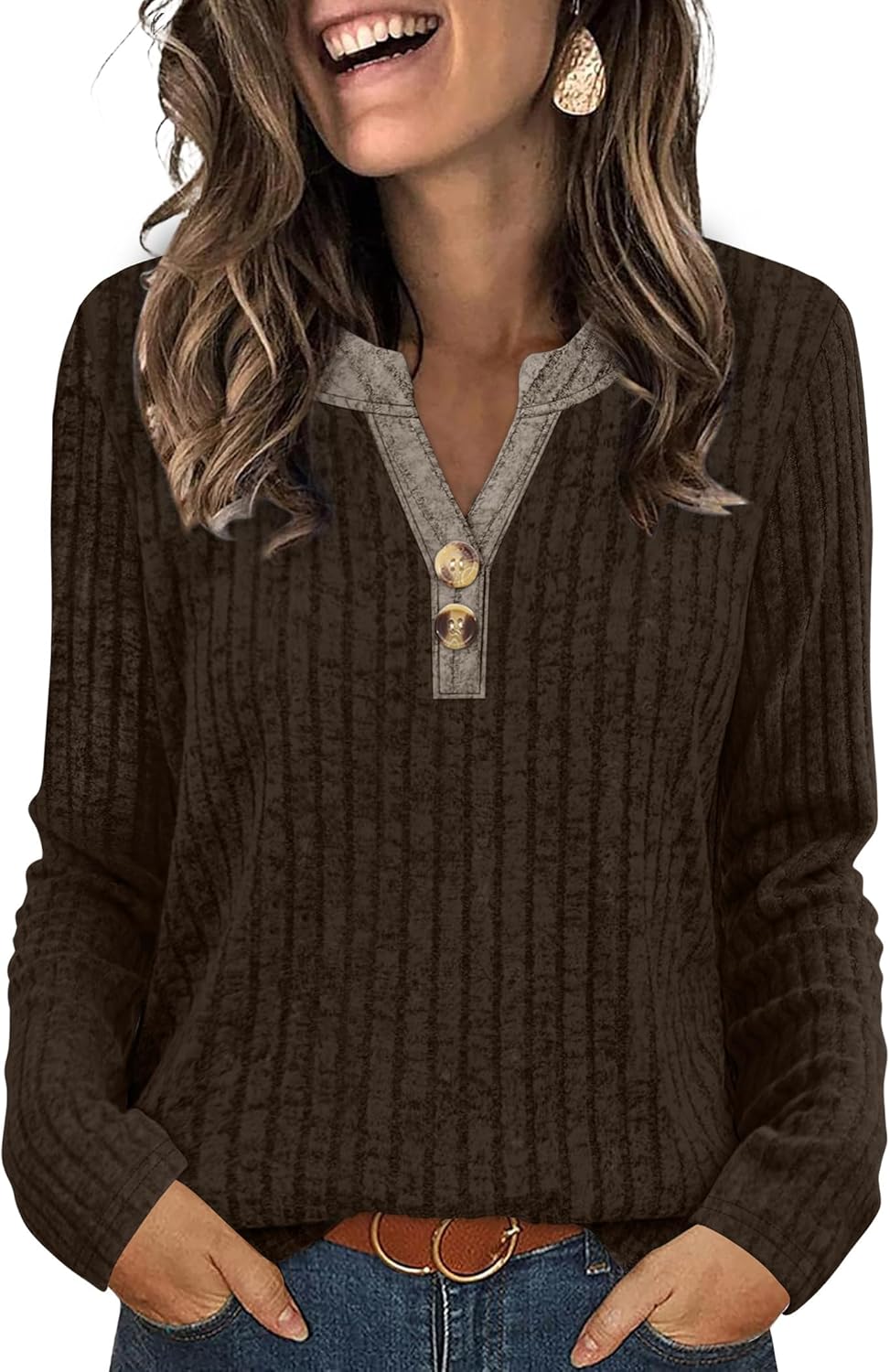 SAMPEEL Womens Sweaters Lightweight Long Sleeve Shirts V Neck Tops with Button Fall Outfits 2025