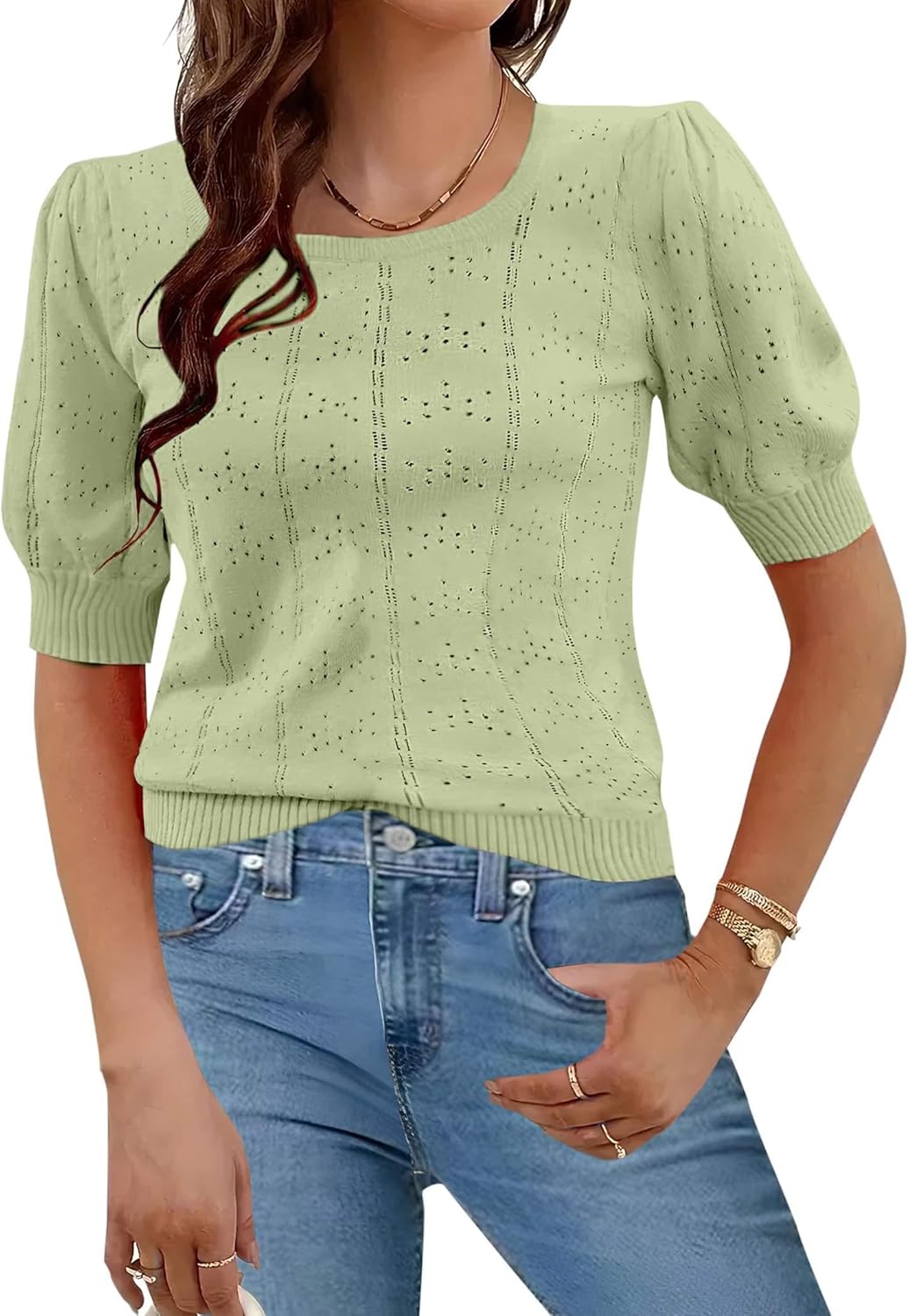 HOTOUCH Sweaters for Women 2025 Fall Trendy Tops Casual Puff Sleeve Square Neck Cute Tunic Pullover Blouses XS-XXL