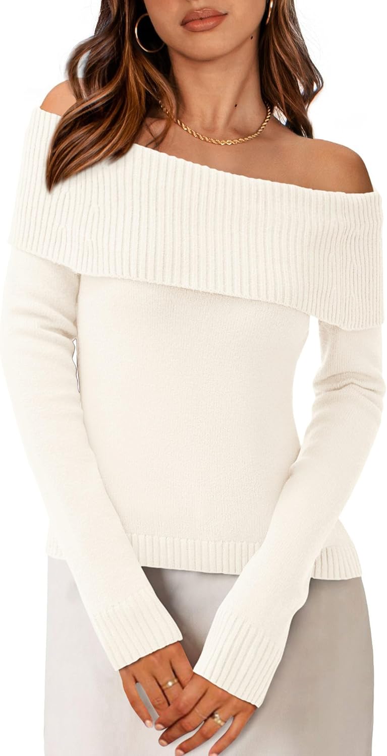 PRETTYGARDEN Off The Shoulder Sweater for Women 2025 Fall Fashion Cute Long Sleeve Tops Winter Ribbed Pullover Knit Outfits
