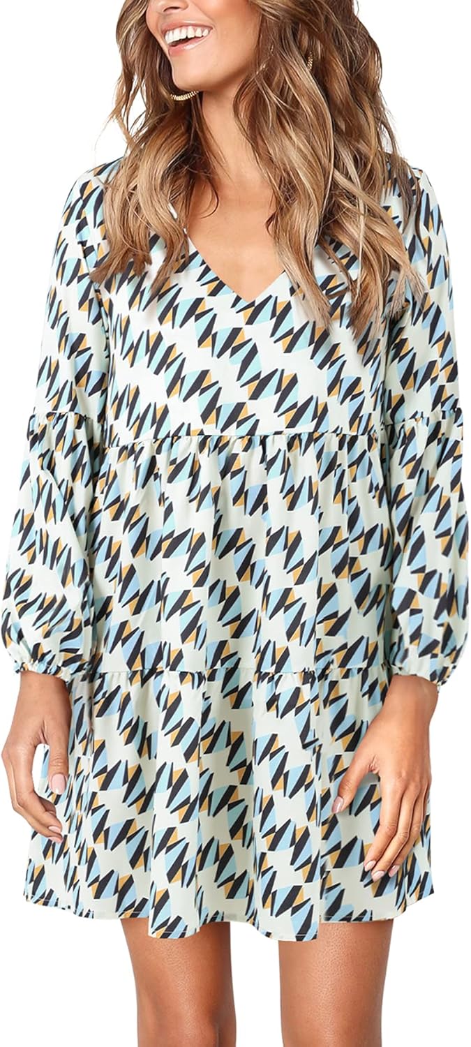 Amoretu Womens Tunic Dress Long Sleeve V Neck Casual Loose Flowy Swing Shift Dresses