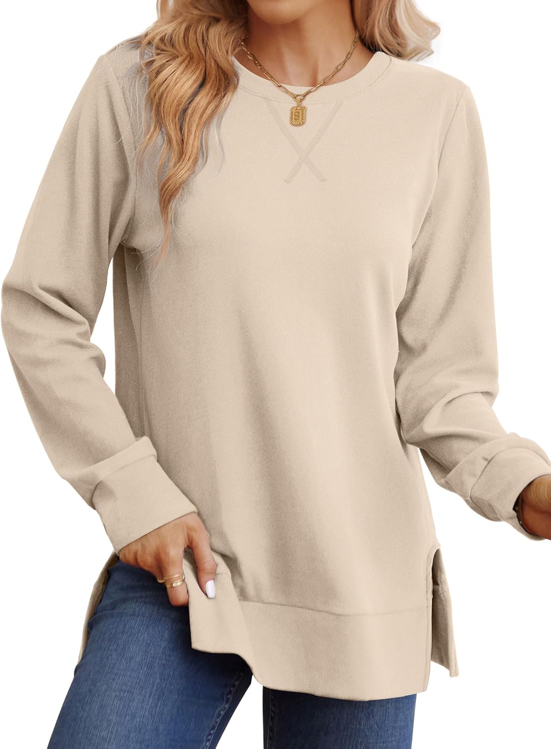 Saloogoe Sweatshirt for women Side Split Fall Fashion 2025 Long Sleeve Shirts Trending Now