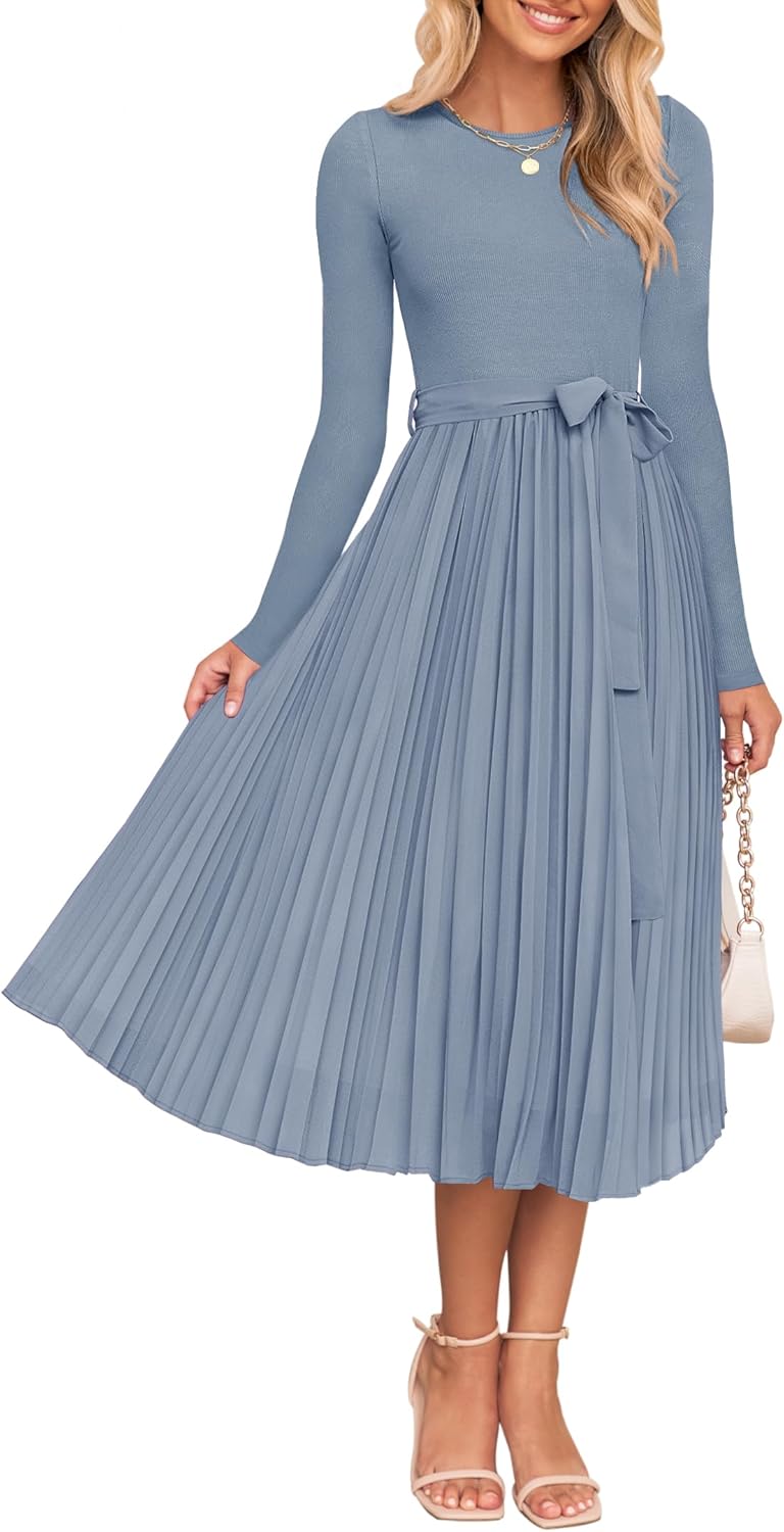 ZESICA Women's Fall Long Sleeve Midi Dress 2025 Casual Crewneck Knit Belted Pleated A Line Flowy Party Dresses