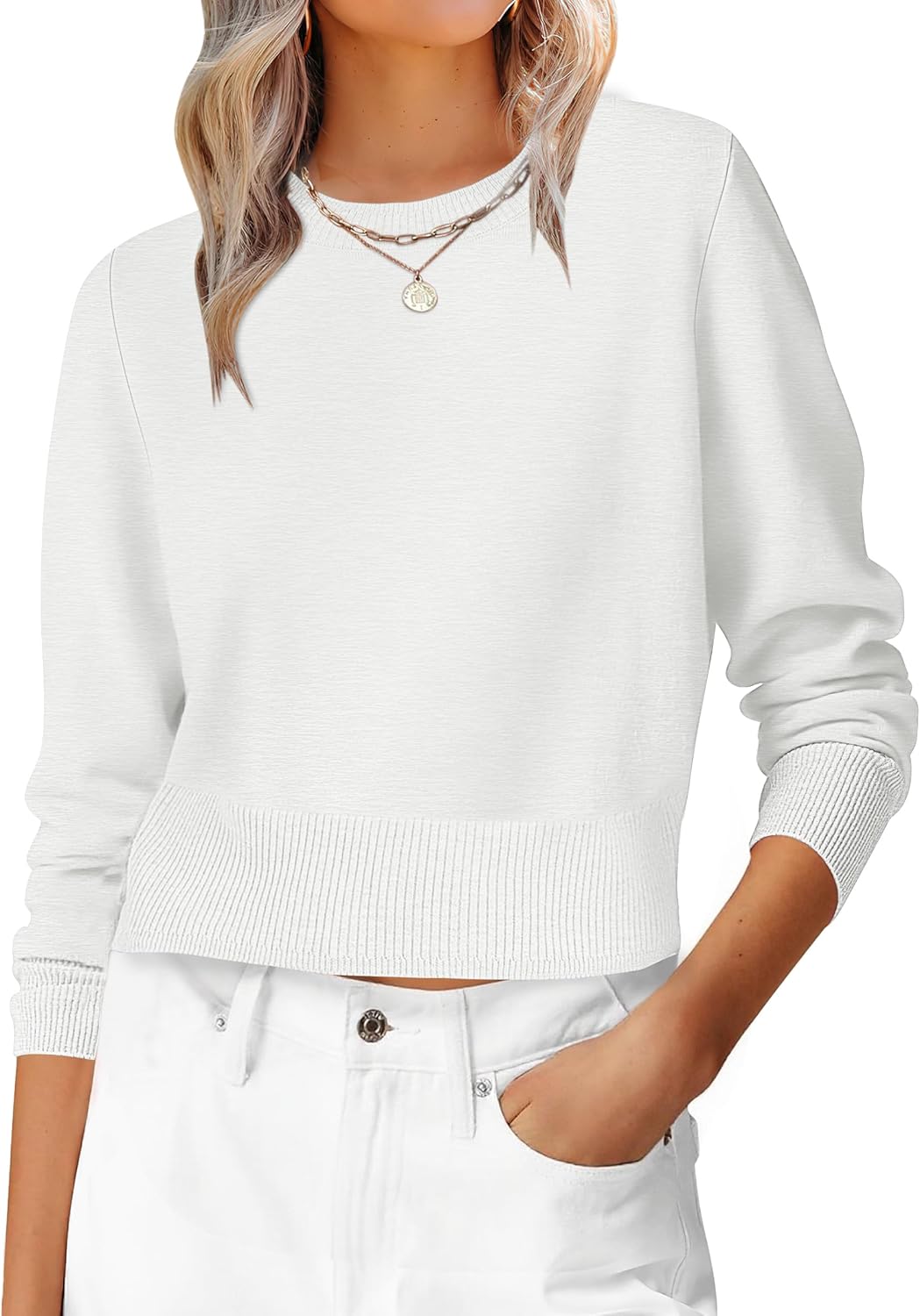 ANRABESS Women’s Long Sleeve Sweaters Cropped Crew Neck Business Casual Light Weight Sweater Tops Fall Fashion Clothes 2025