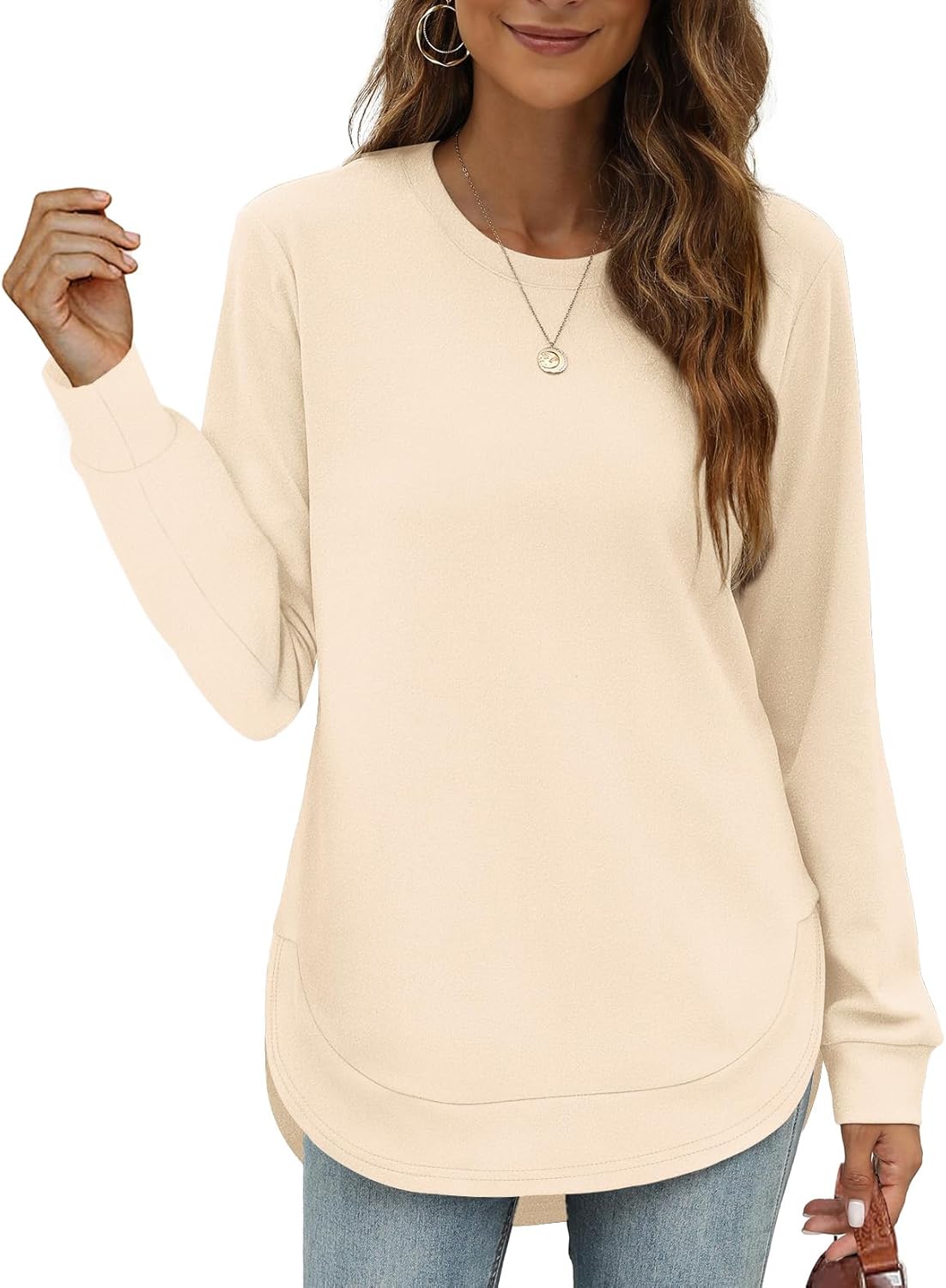 OFEEFAN Womens Sweatshirt Crewneck Long Sleeve Shirts High Low Tops Curved Hem