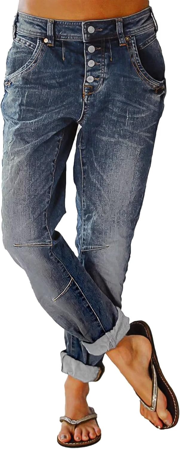 Flamingals Women's Stretchy Straight Leg Casual Low Rise Jeans Wash Button Fly Stitch Detail 90s Trendy Denim Jeans