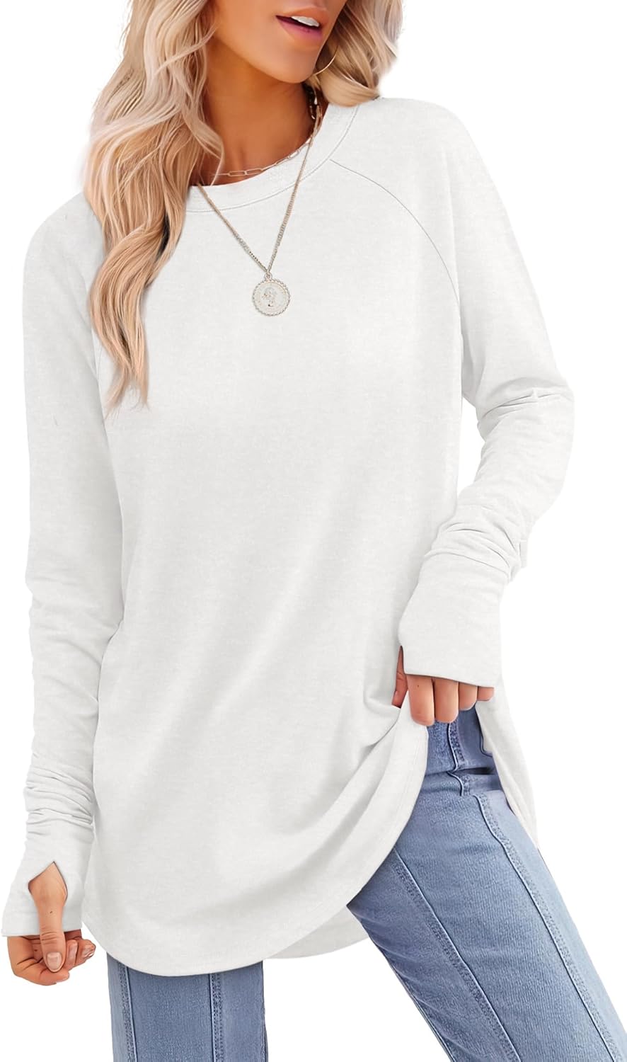 XIEERDUO Womens Tunic Tops to Wear with Leggings Long Sleeve Thumb Hole Shirts Crew Neck Curved Hem