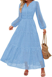 ZESICA Women's 2025 Fall Long Sleeve Maxi Dress V Neck Hollow Out Eyelet A Line Long Flowy Casual Party Dresses