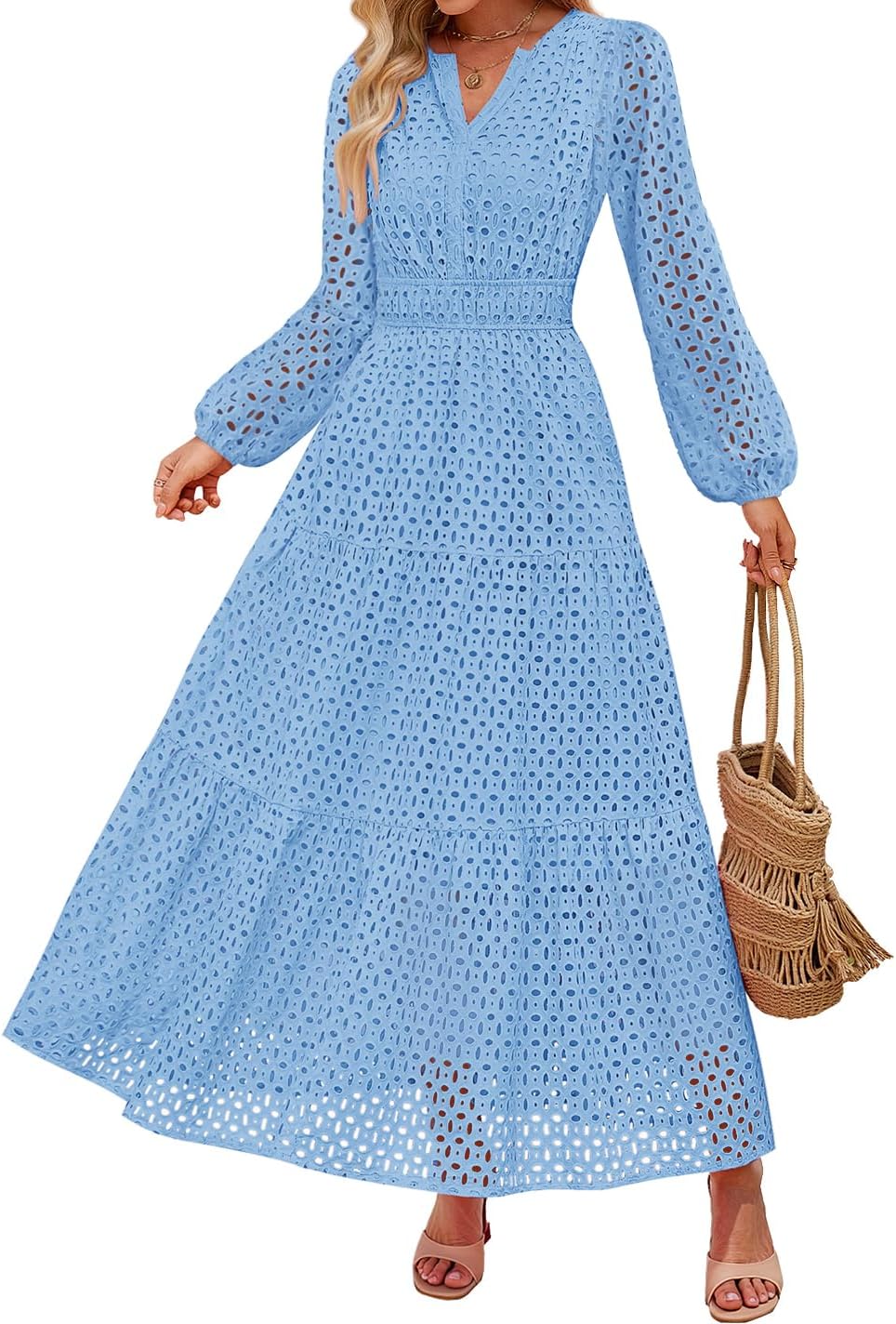 ZESICA Women's 2025 Fall Long Sleeve Maxi Dress V Neck Hollow Out Eyelet A Line Long Flowy Casual Party Dresses