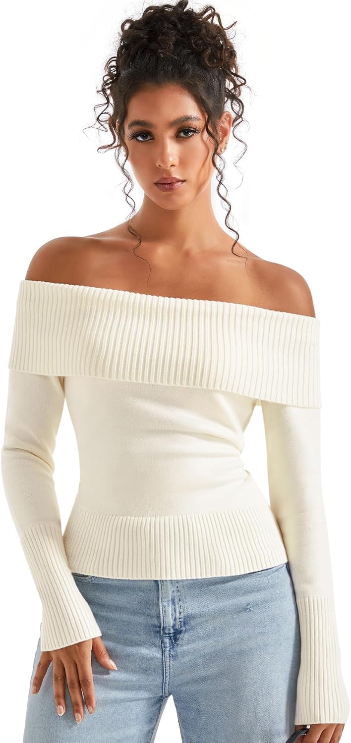 SUUKSESS Women Off Shoulder Sweaters Long Sleeve Ribbed Knit Going Out Fall Tops Blouse