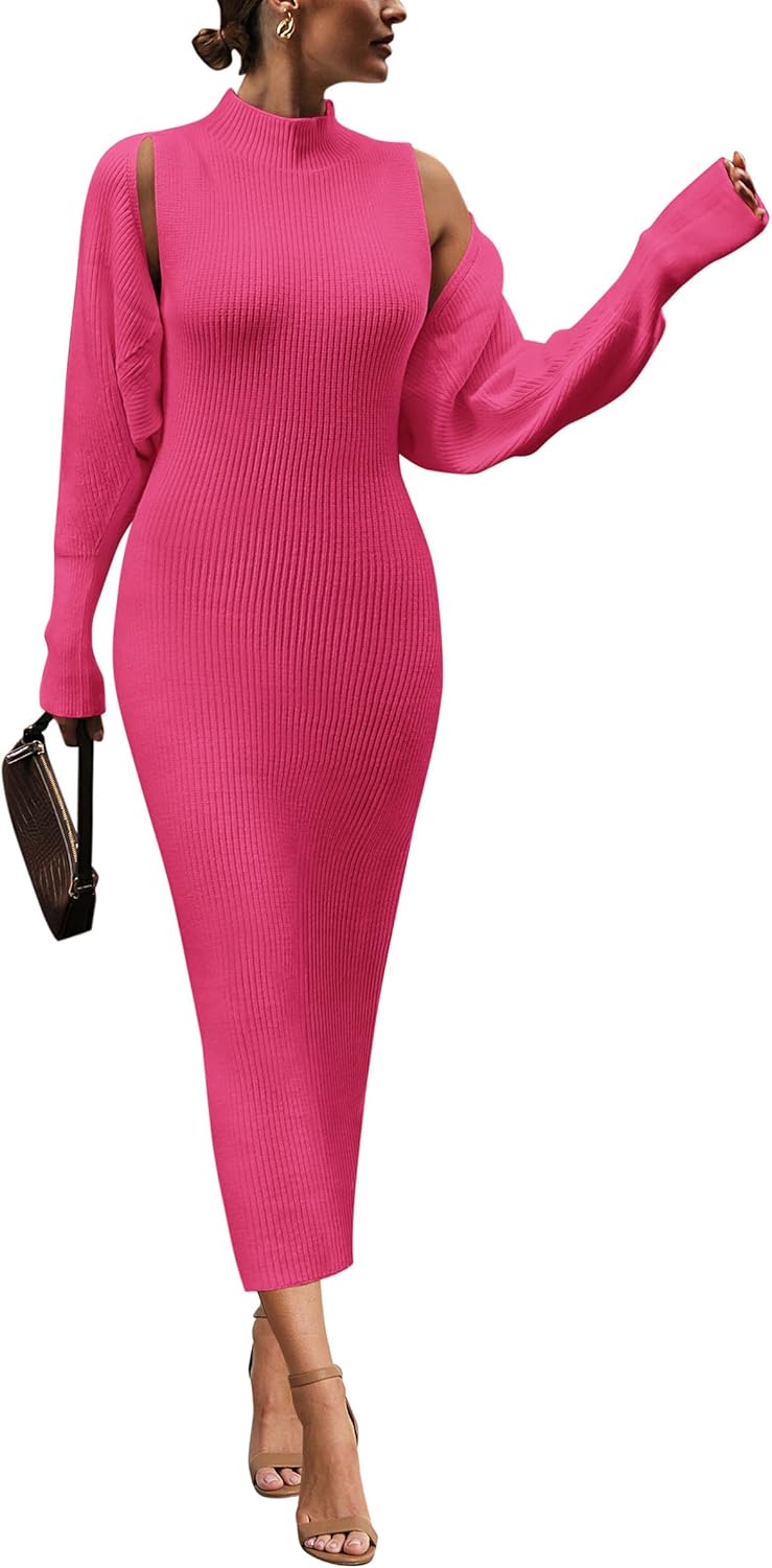 PRETTYGARDEN Women's Fall 2 Piece Outfits Knit Long Sleeve Cropped Cardigan Pullover Sweater Maxi Dress Sets Winter Clothing