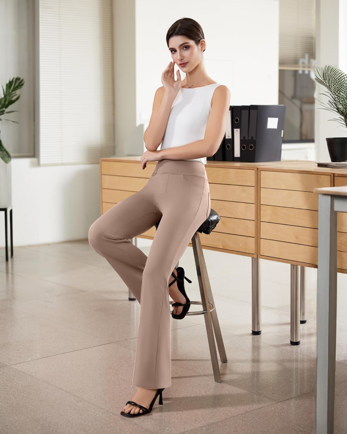 Womens Dress Pants Stretchy Work Pants Business Casual Office Trousers Pull On Flare Slacks with 4 Pockets