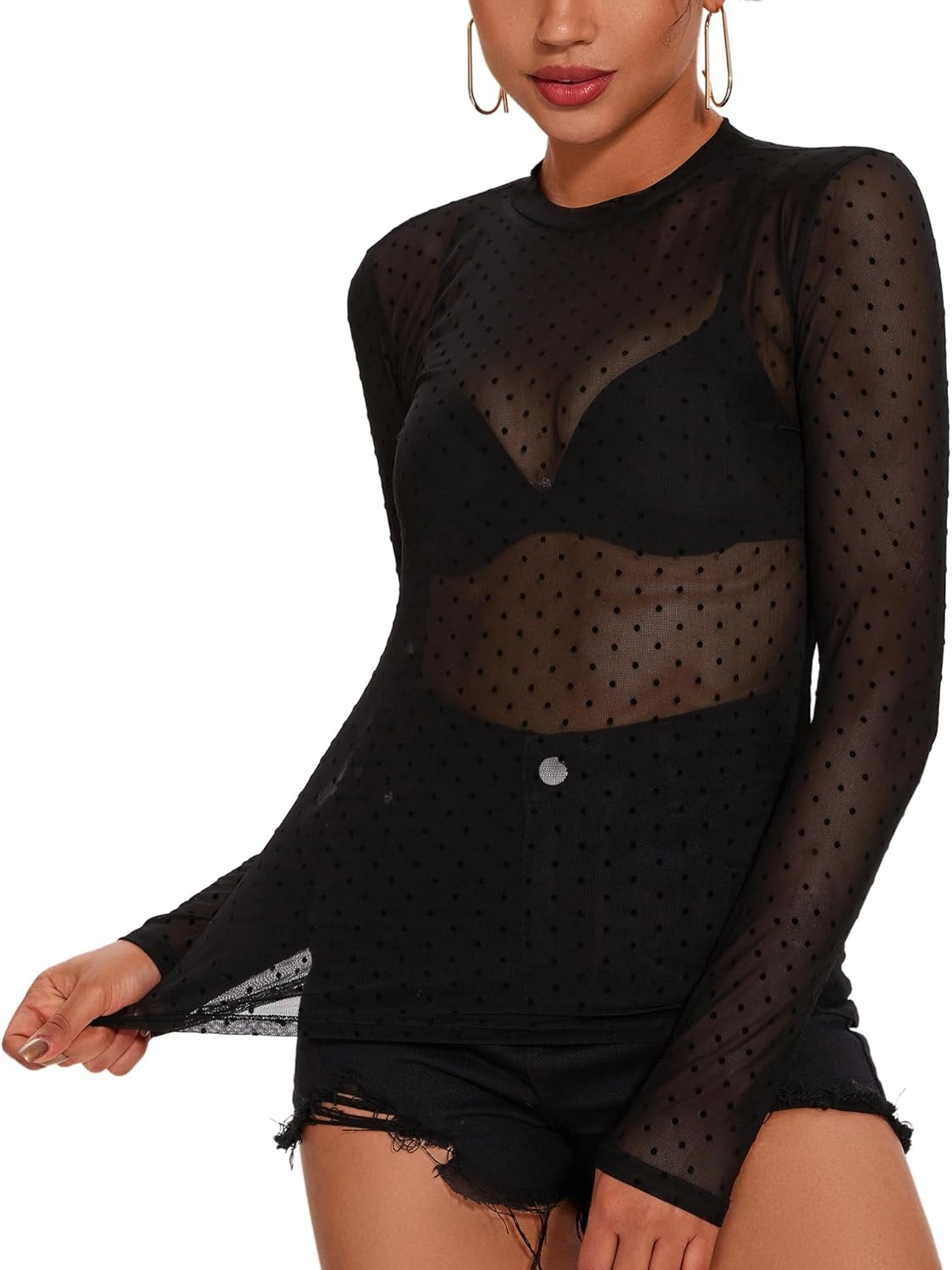 AKEWEI Womens Mesh Long Sleeve Tops Crew Neck Sexy See Through Tee Shirts Party Club Night Lace Blouse