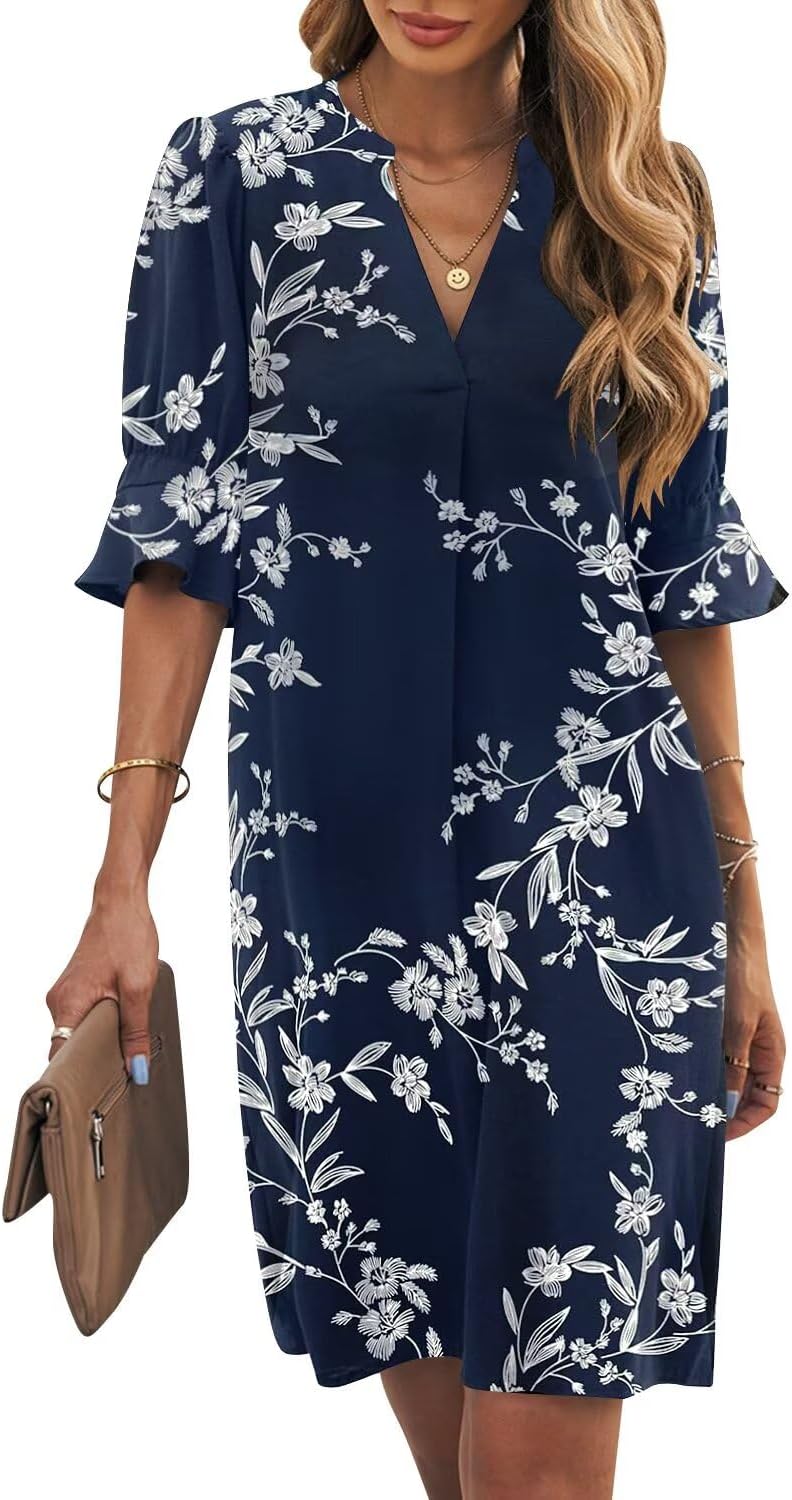 Wkior Shift Dress for Women V Neck Short Sleeves Solid Color Casual Flowy Summer Dresses(S-2XL)