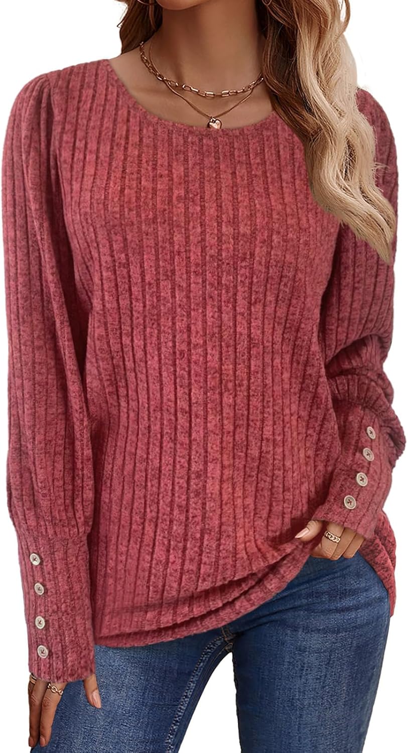 Lylinan Womens Ribbed Knit Long Sleeve Tops Casual Button Cuff Pullover Sweaters Blouses S-XXL