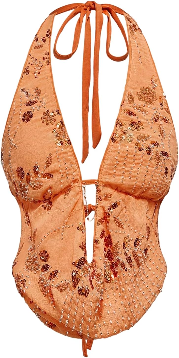 Verdusa Women's Cheetah Print Sequin Top Y2K Tie Back Corset Halter Going Out Crop Tops