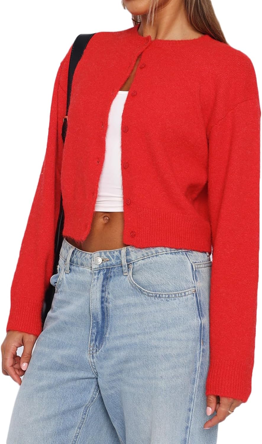 Women Y2K Button Front Crop Sweater Cardigan Solid Color Crew Neck Long Sleeve Knit Fall Tops Streetwear