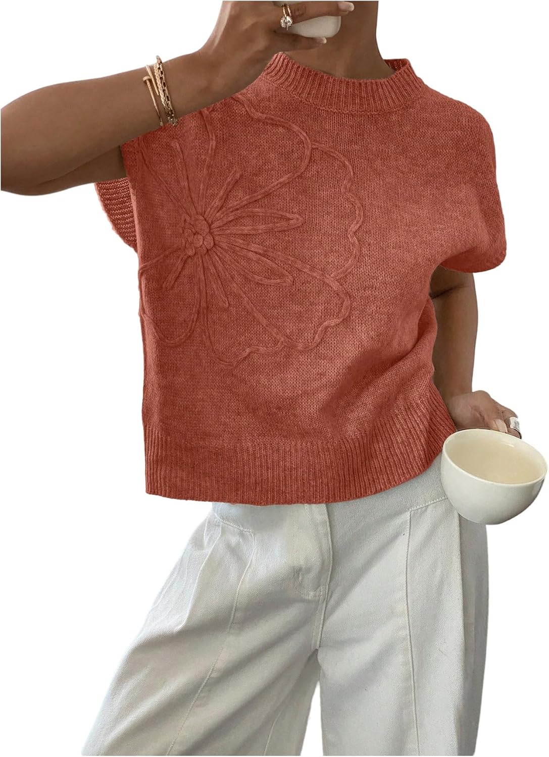 SOLY HUX Women's Ribbed Sweater Crew Neck Short Sleeve Loose Fit Floral Knit Pullover Tops