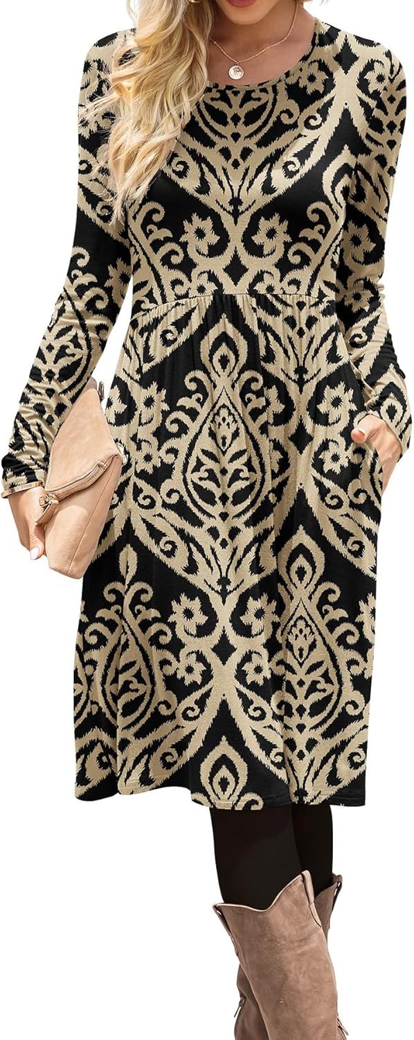 DB MOON Women Casual Long Sleeve Dresses Empire Waist Knee Length Loose Dress with Pockets