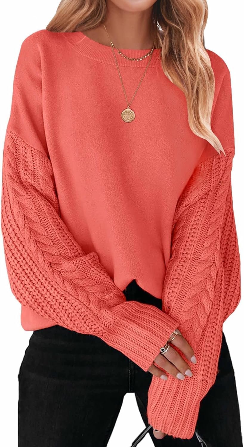 ZESICA Women's 2025 Fall Long Sleeve Crew Neck Solid Color Cable Knit Chunky Casual Oversized Pullover Sweater Tops