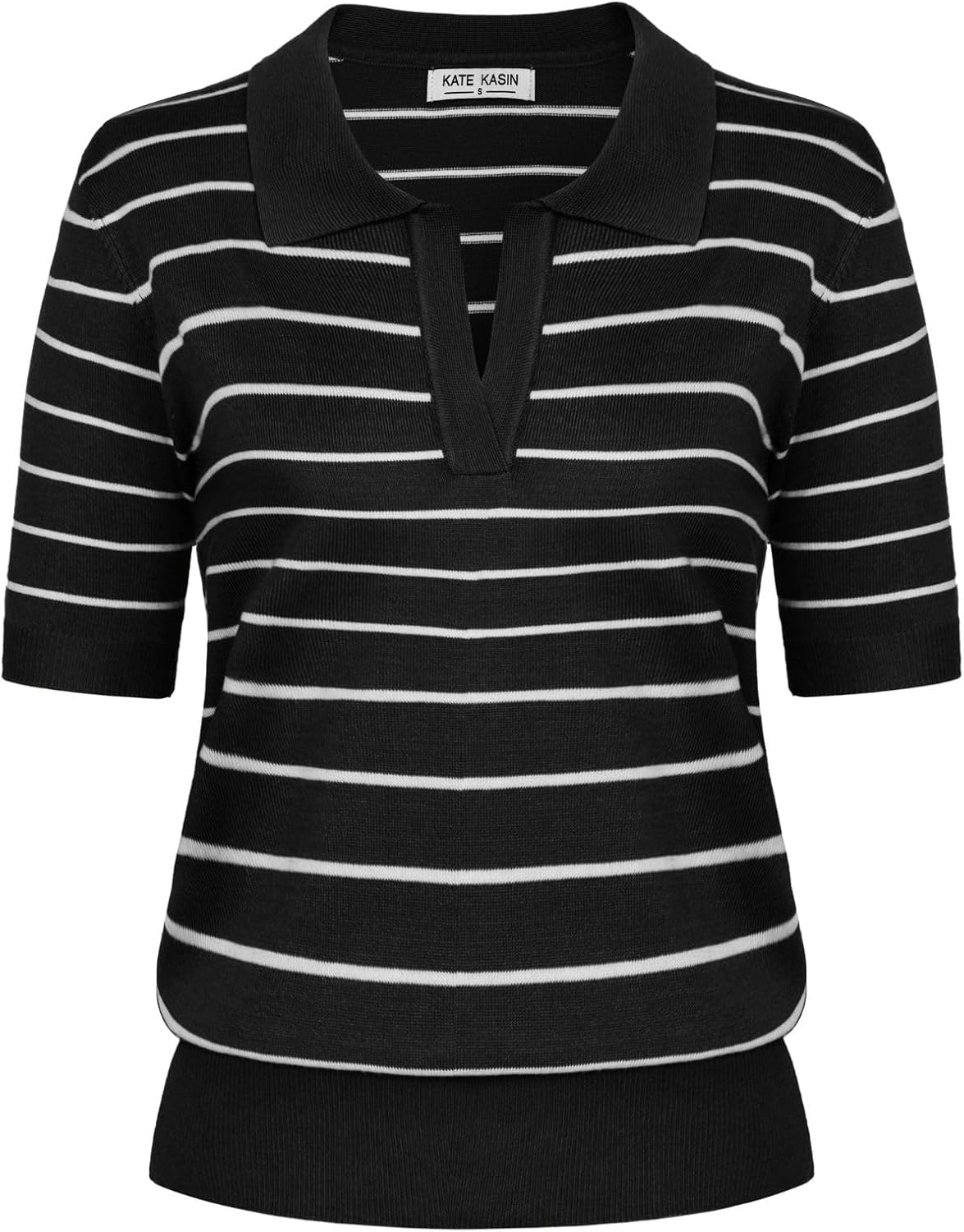 Kate Kasin Women Short Sleeve Polo Sweater V Neck Knitted Tops Casual Ribbed Shirt Loose Pullover Sweater