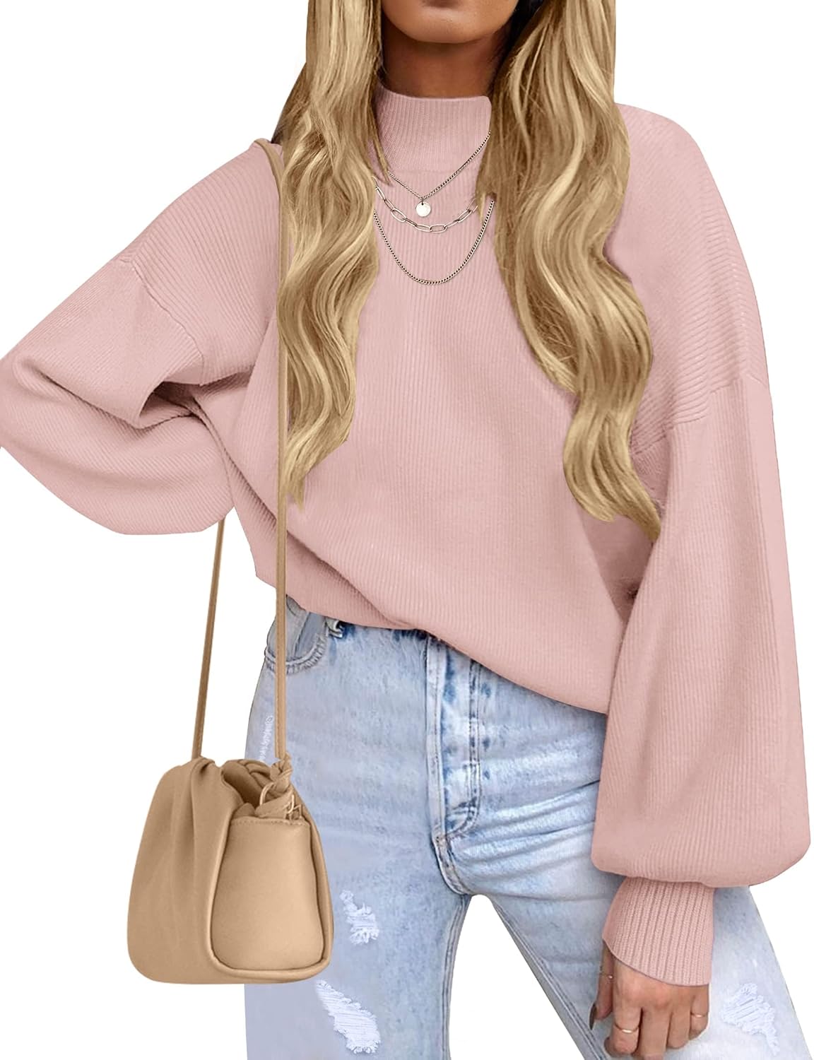 ZESICA Women's Casual Turtleneck Long Lantern Sleeve Fall 2025 Oversized Ribbed Knit Pullover Sweater Jumper Top