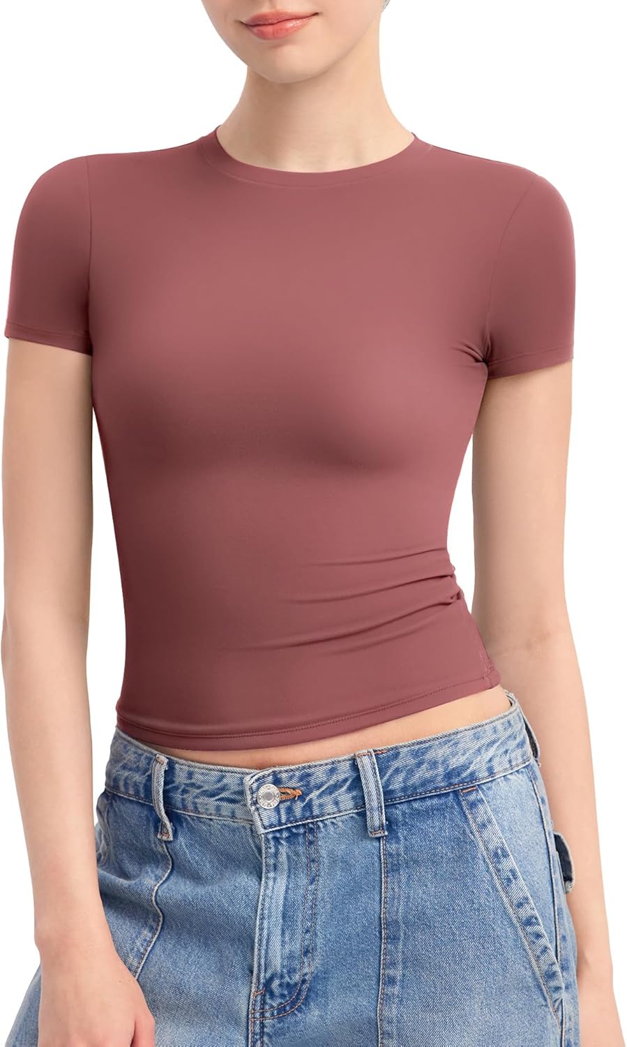 PUMIEY Women's Crew Neck Short Sleeve Tops Double Lined Slim Fit T Shirts Basic Tee Smoke Cloud Pro Collection