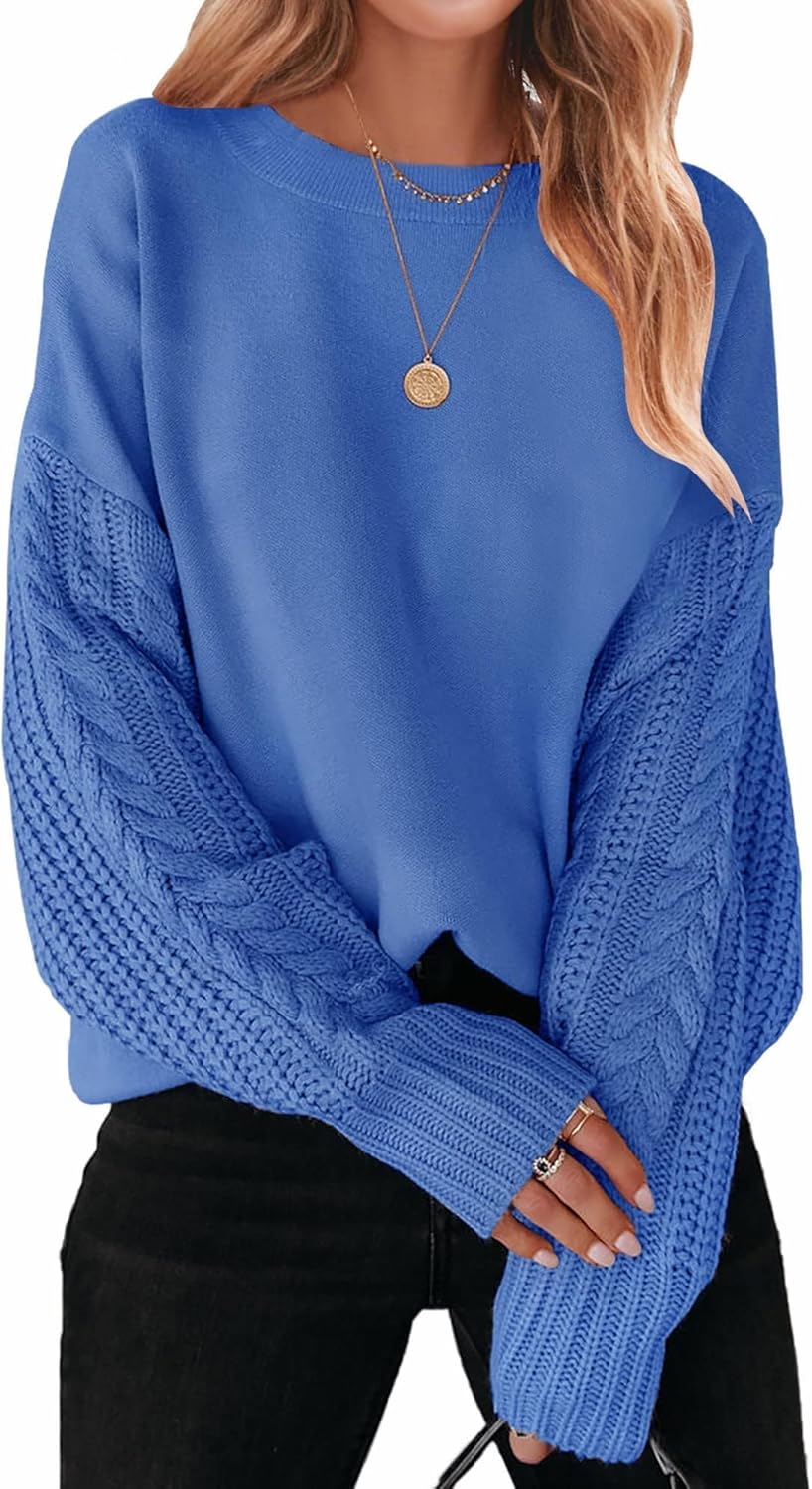 ZESICA Women's 2025 Fall Long Sleeve Crew Neck Solid Color Cable Knit Chunky Casual Oversized Pullover Sweater Tops