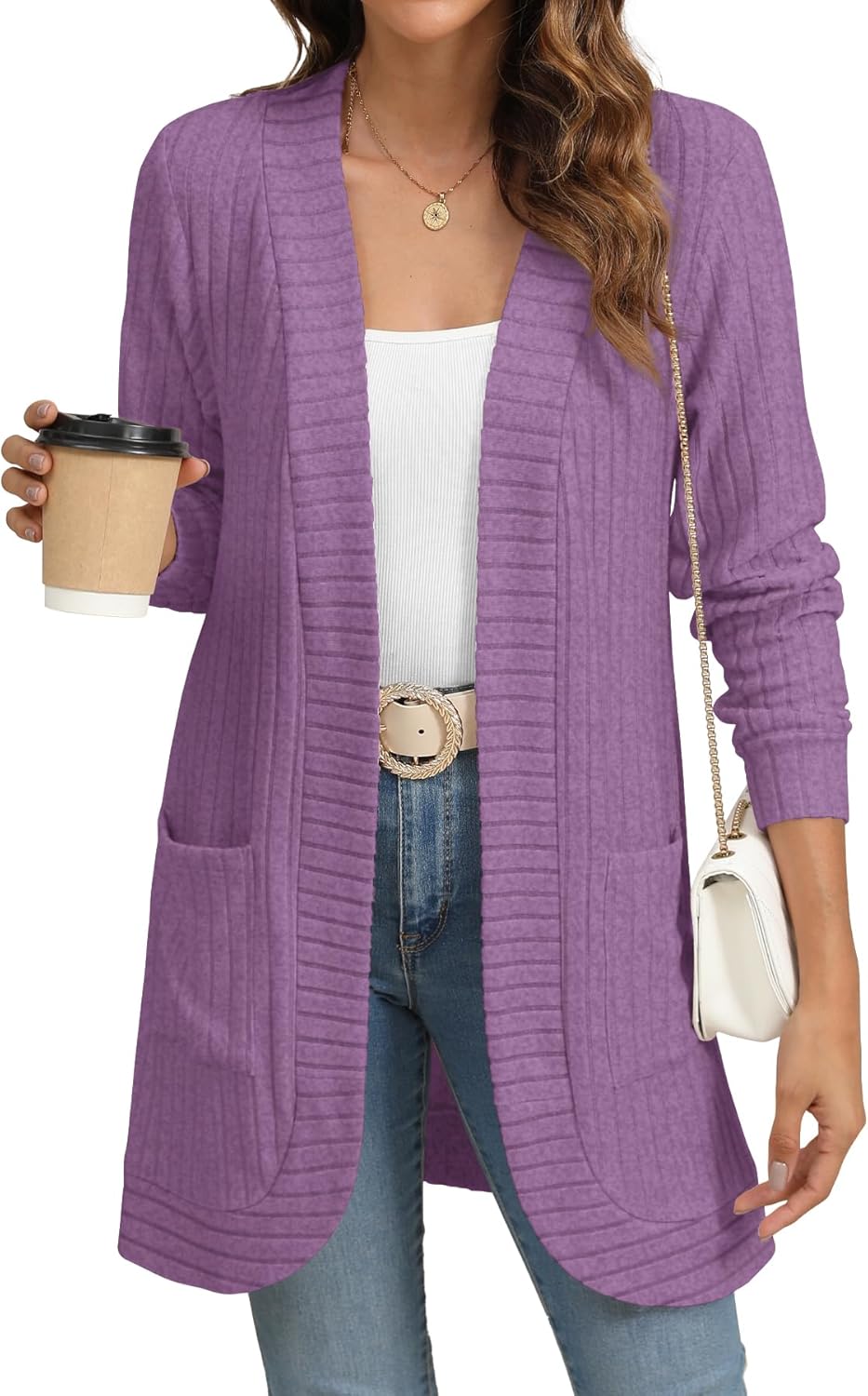 Women Long Sleeve Open Front Cardigan Casual Lightweight Long Cardigans Loose Knit Outwear with Pockets