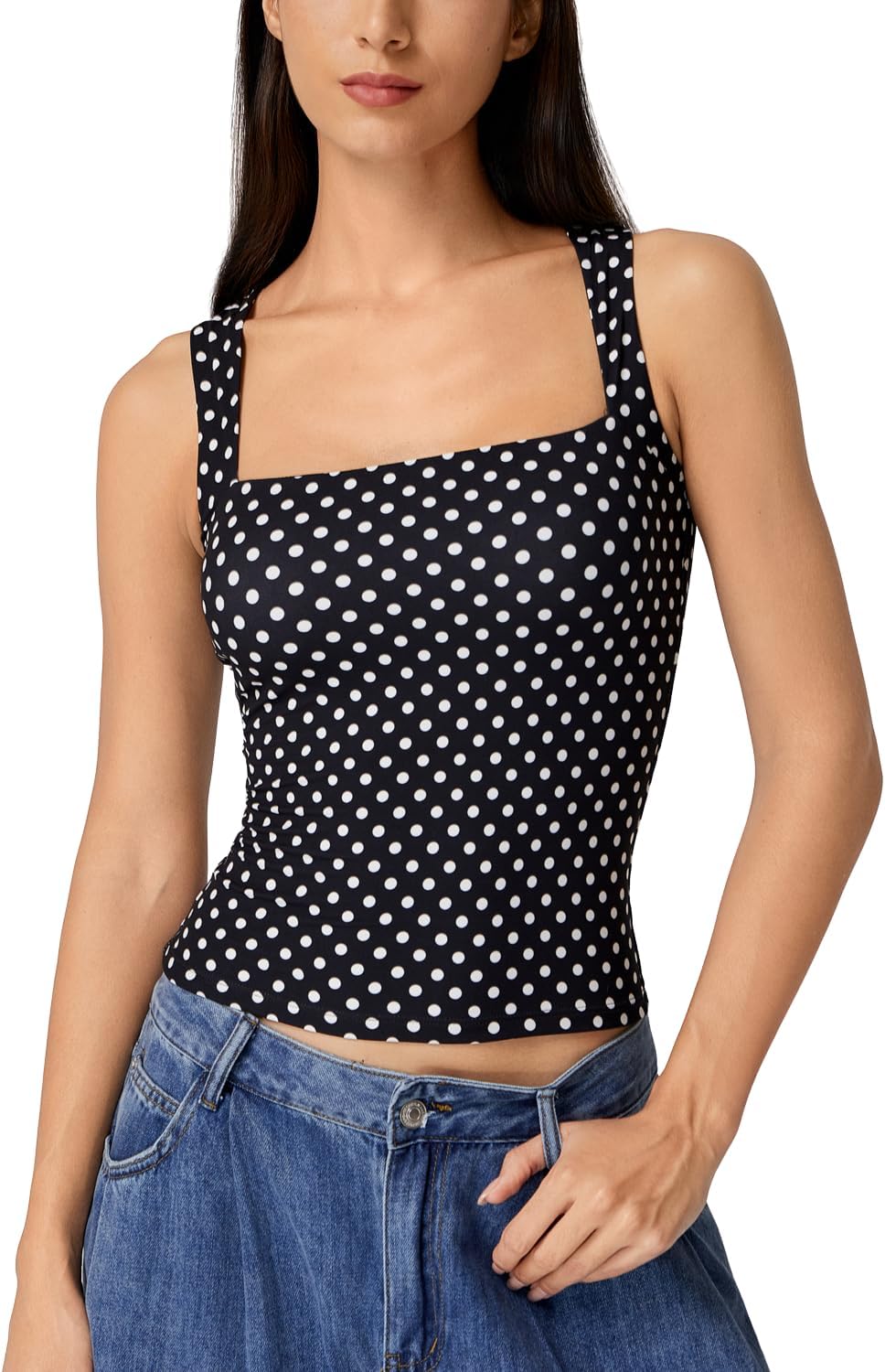 QINSEN Women's Square Neck Sleeveless Double-Layer Tank Tops Basic Tight T Shirts