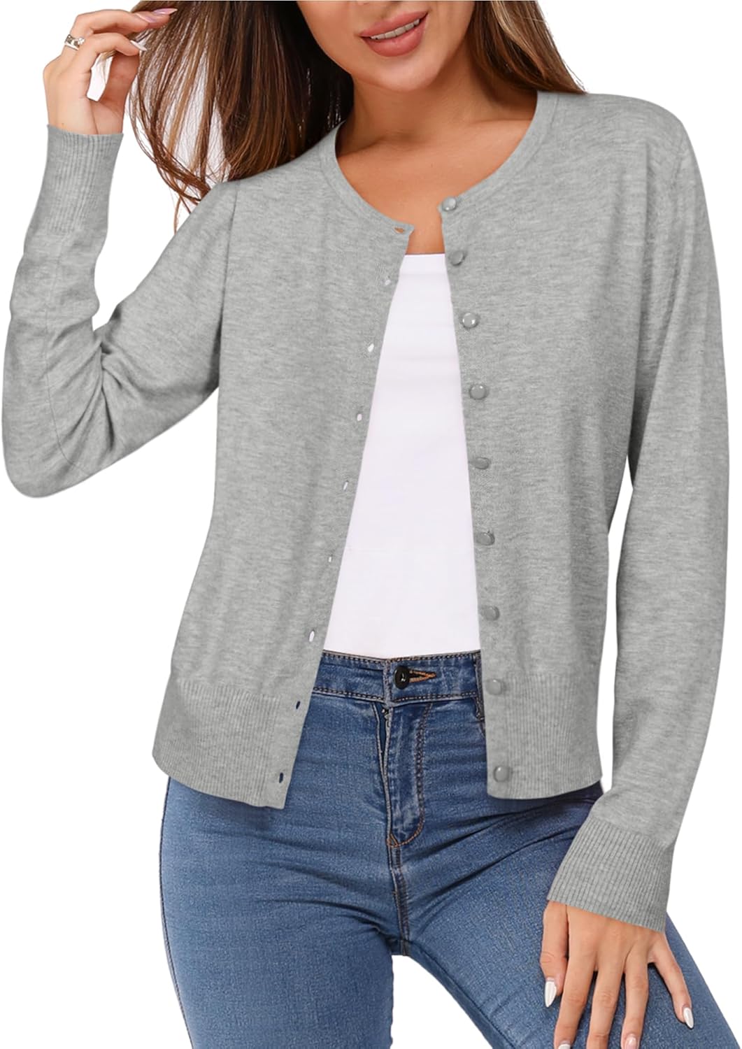 Newshows Women's Lightweight Button Down Cardigan Long Sleeve Casual Crew Neck Soft Knit Cardigans Sweater Tops