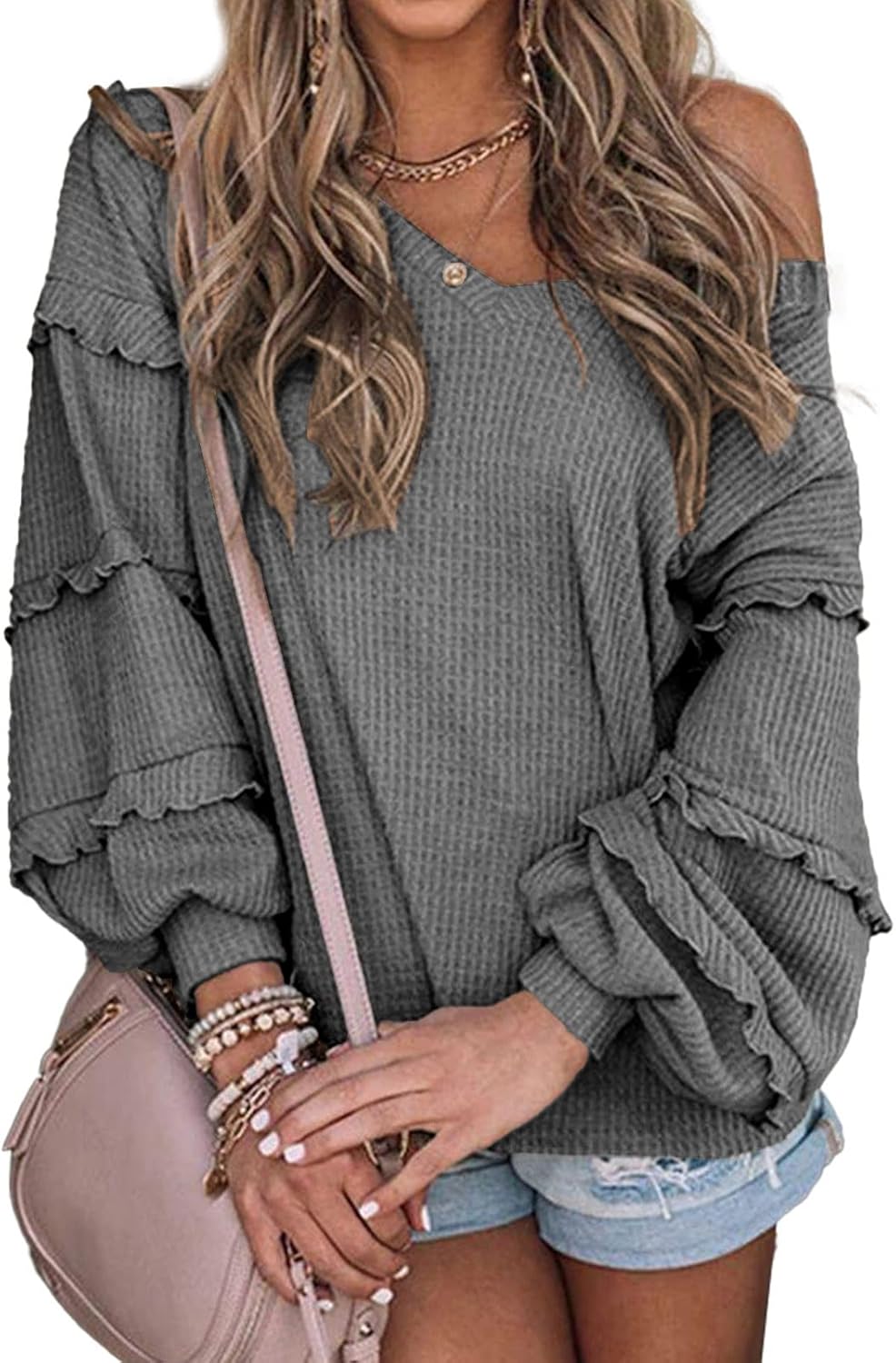 BTFBM Women's V Neck Long Sleeve Blouse Loose Fit Tunics Ruffles Off Shoulder Waffle Knit Solid Color Tops Fall Tee Shirts