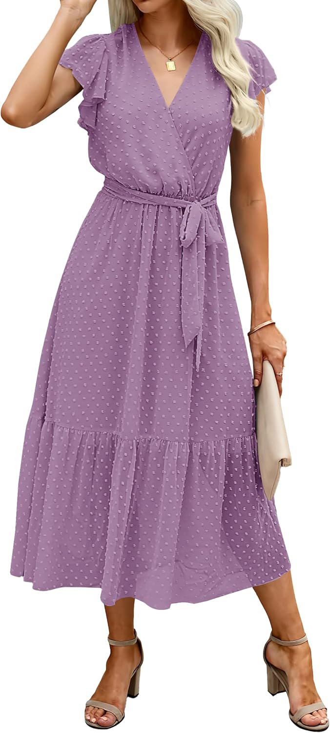 BTFBM Women Summer Bohemian Floral Casual Wrap V Neck Ruffle Cap Sleeveless Belt A-Line Pleated Hem Midi Sun Dress White