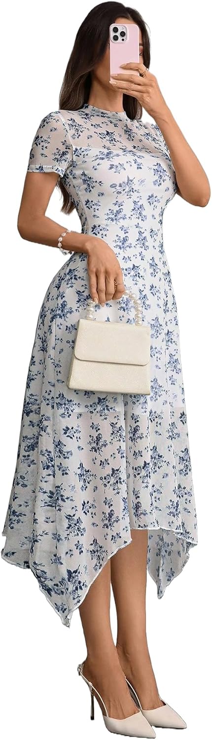 GothDark Women's 2025 Summer Floral Print Vintage Goth Dress Mesh Spliced Double-Layered Irregular Hemline Midi Dress