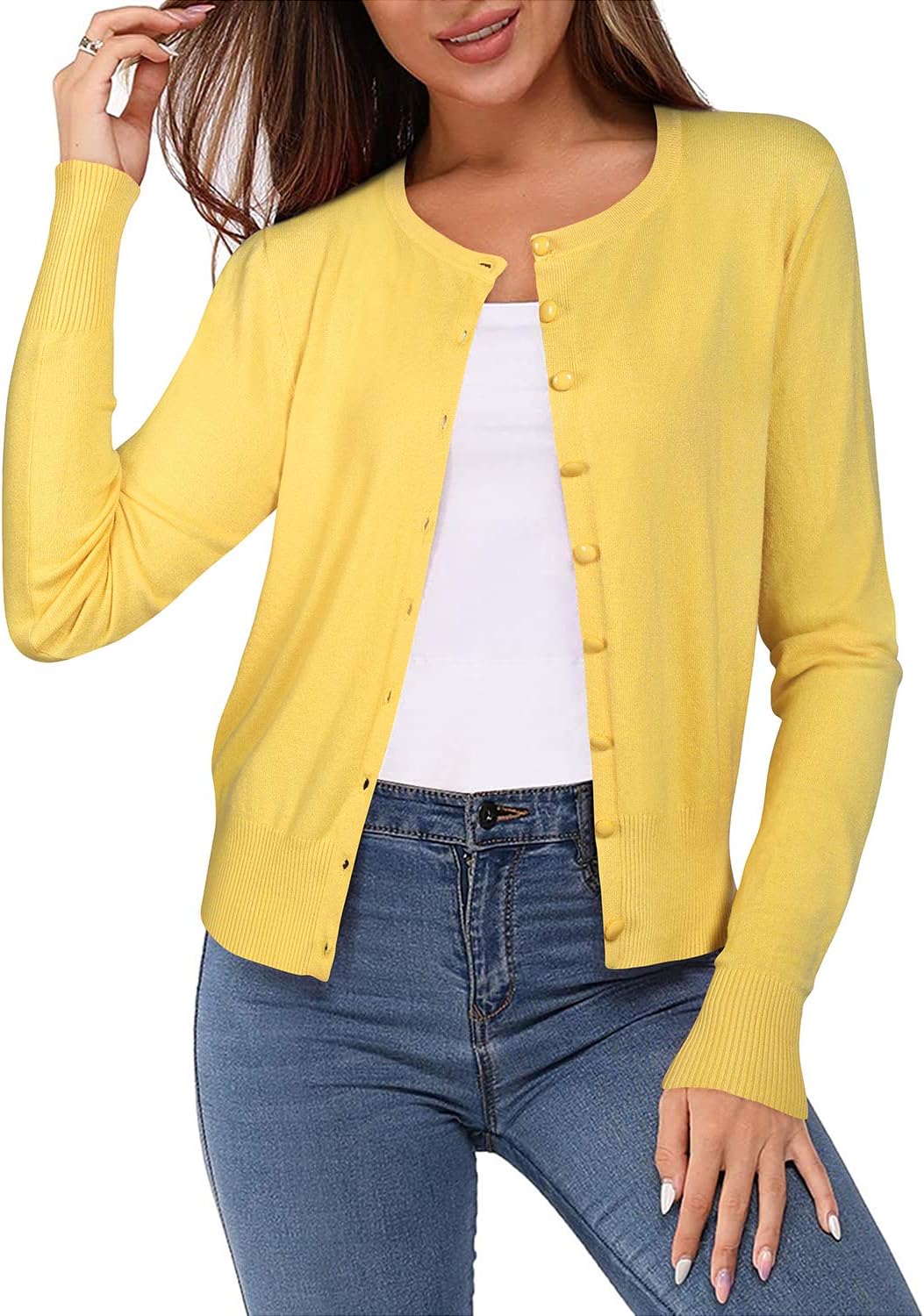 Newshows Women's Lightweight Button Down Cardigan Long Sleeve Casual Crew Neck Soft Knit Cardigans Sweater Tops