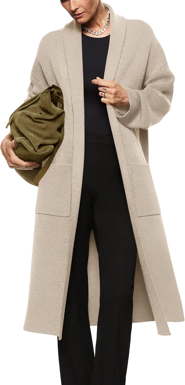 Womens Long Sleeve Maxi Cardigan Open Front Oversized Knitted Sweater Coat Casual Lapel Warm Overcoat with Pockets