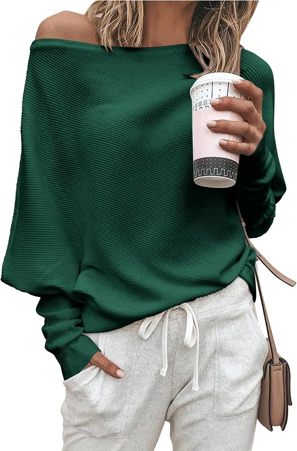 Zenlonr Women's Fall Sweaters 2025 Casual Long Batwing Sleeve Loose Off Shoulder Knit Pullovers Jumper Tops