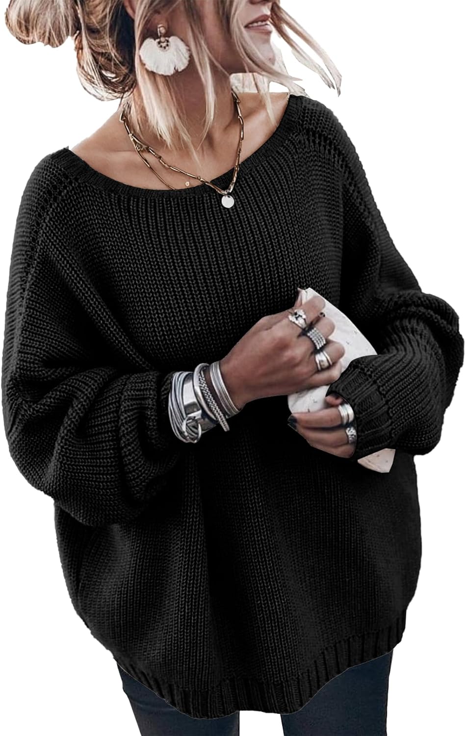 Oversized Sweaters for Women Trendy Chunky Batwing Long Sleeve Casual Crewneck Ribbed Pullover Tunic Sweater